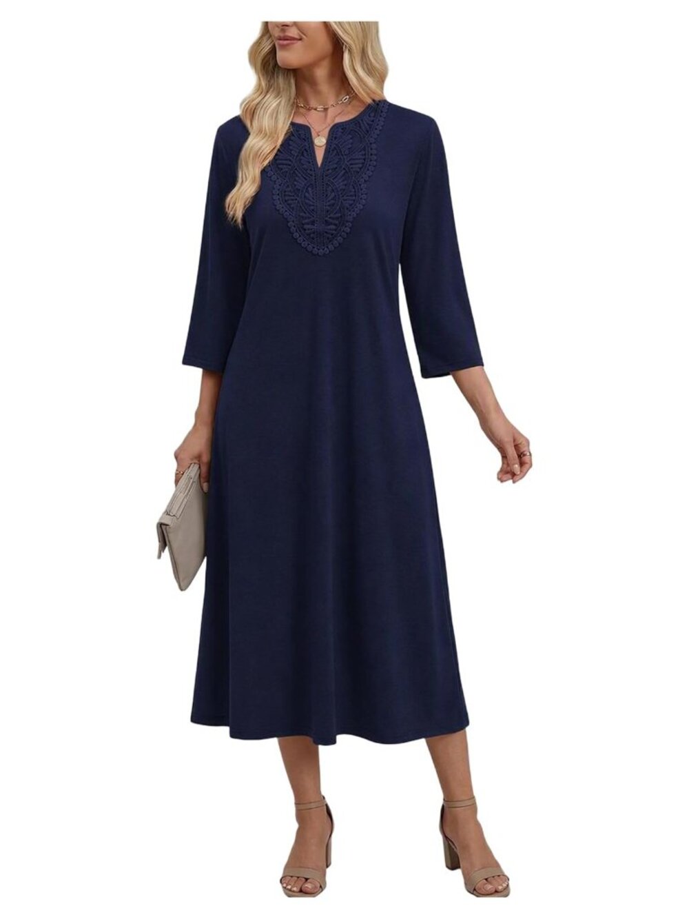 3/4 Sleeve Midi Dress V Neck Lace Casual A-Line Sundress with Pockets